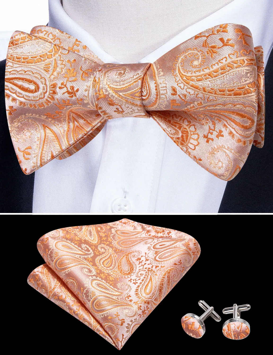 Ties2you Paisley Dusty Salmon Bowtie Self-tie Bow Tie Pocket Square Cufflinks Set sold by Ties2You product image thumbnail 3