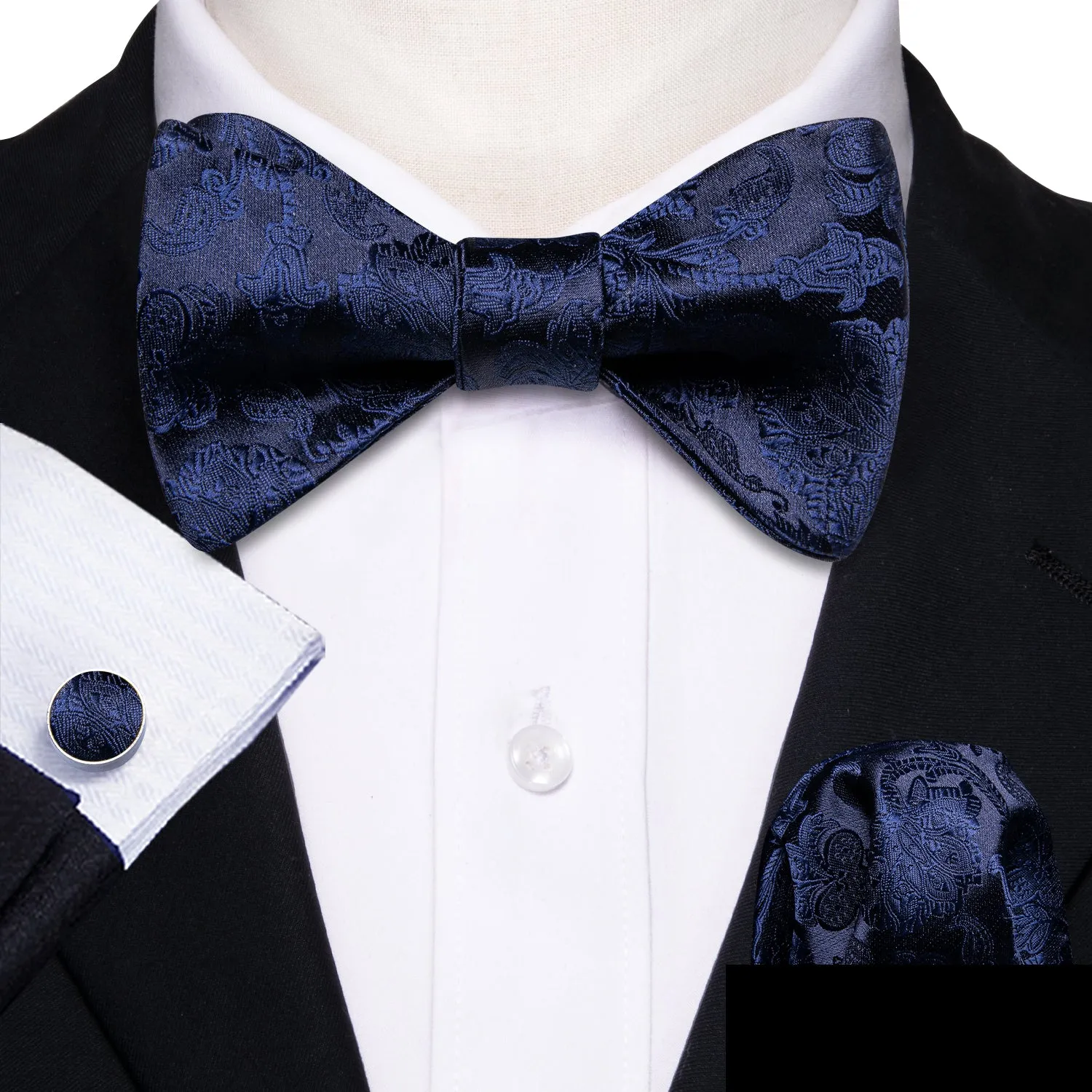 Ties2you Navy Blue Floral Bowtie Self-tie Formal Bow Tie Pocket Square Cufflinks Set sold by Ties2You