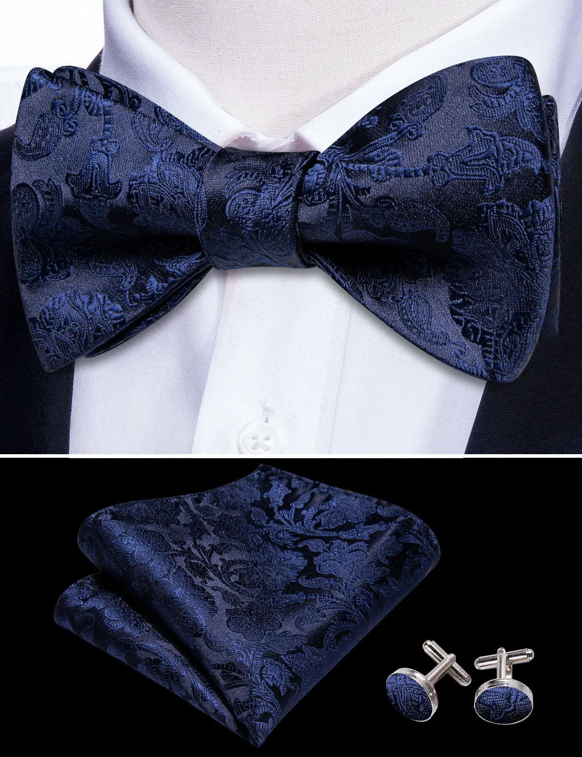 Ties2you Navy Blue Floral Bowtie Self-tie Formal Bow Tie Pocket Square Cufflinks Set sold by Ties2You product image thumbnail 3