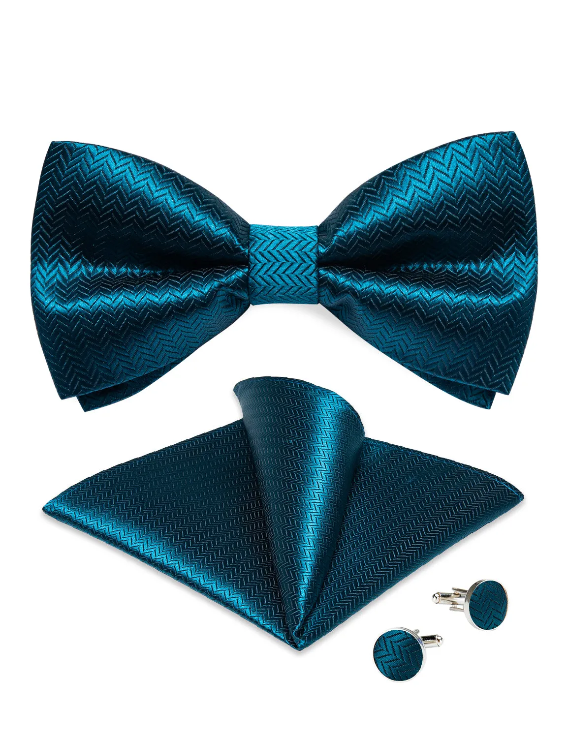Ties2you Teal Blue Bowtie Pre-tied Solid Tuxedo Bow Tie Pocket Square Cufflinks Set sold by Ties2You product image thumbnail 5