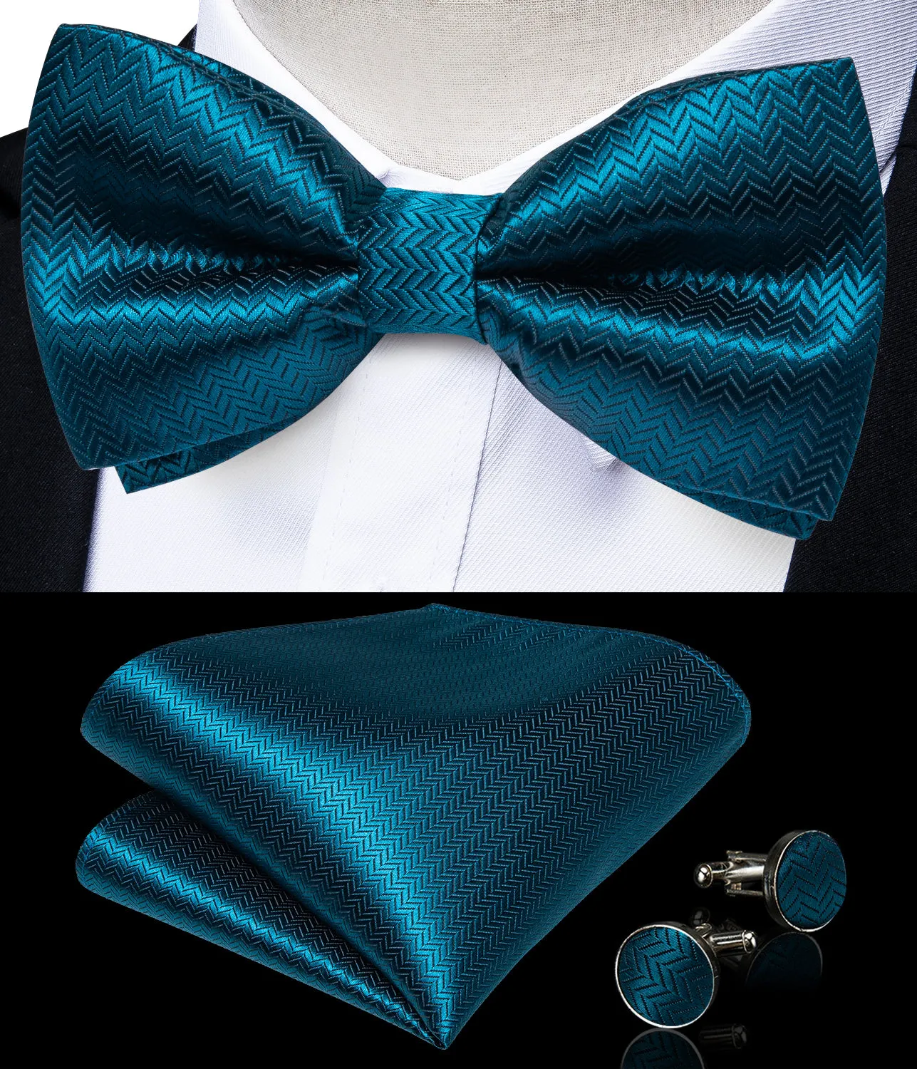 Ties2you Teal Blue Bowtie Pre-tied Solid Tuxedo Bow Tie Pocket Square Cufflinks Set sold by Ties2You product image thumbnail 3