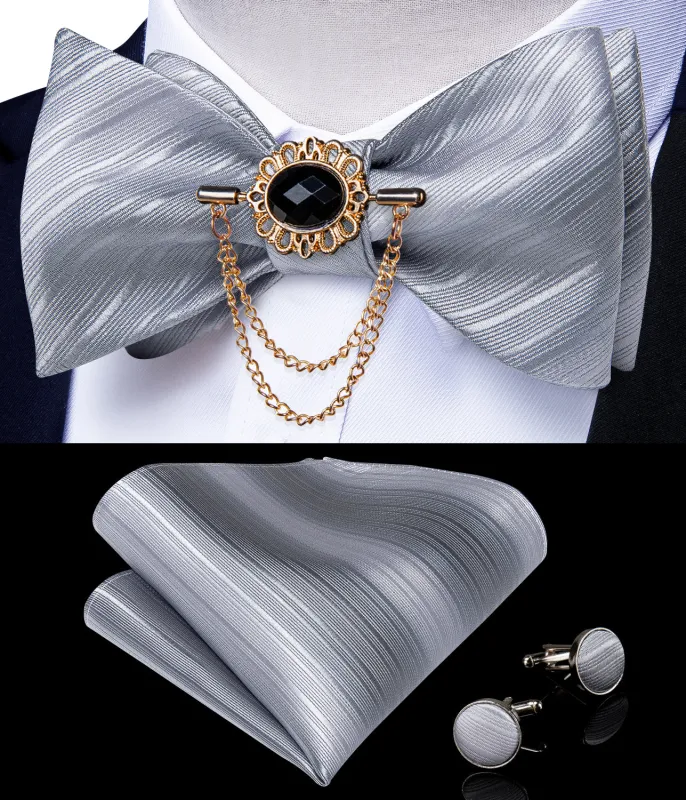 Ties2you Striped Silver Self-tie Bow Tie Pocket Square Cufflinks Setwith Lapel Pin sold by Ties2You
