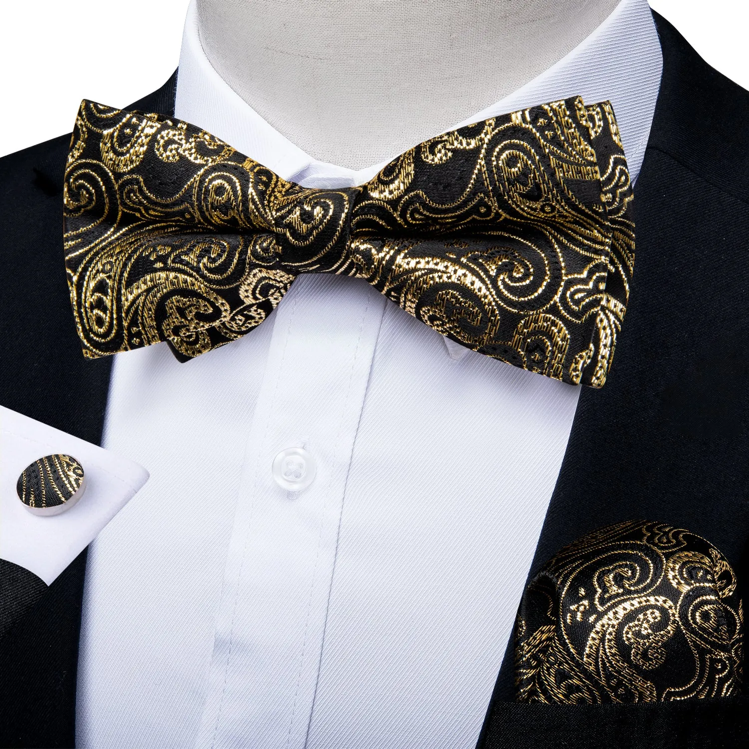 Ties2you Gold Paisley Bowtie Pre-Tied Black Formal Bow tie Pocket Square Cufflinks Set sold by Ties2You