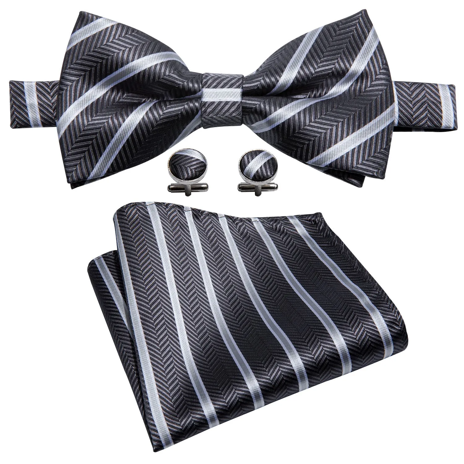 Ties2you Striped Silver Bowtie Pre-tied Grey Bow Tie Pocket Square Cufflinks Set sold by Ties2You product image thumbnail 3