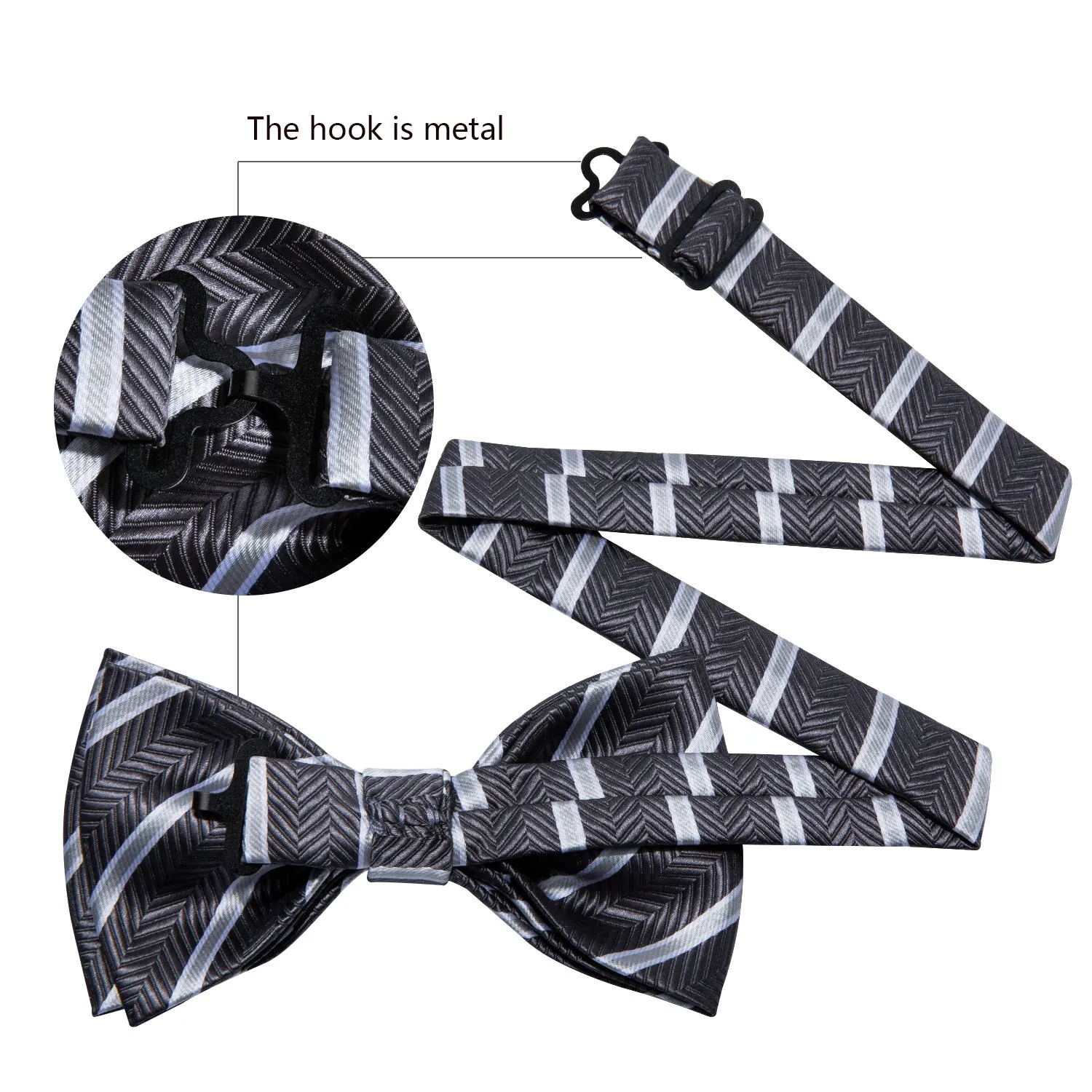 Ties2you Striped Silver Bowtie Pre-tied Grey Bow Tie Pocket Square Cufflinks Set sold by Ties2You product image thumbnail 5