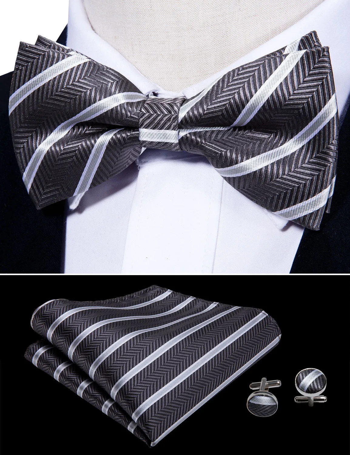 Ties2you Striped Silver Bowtie Pre-tied Grey Bow Tie Pocket Square Cufflinks Set sold by Ties2You