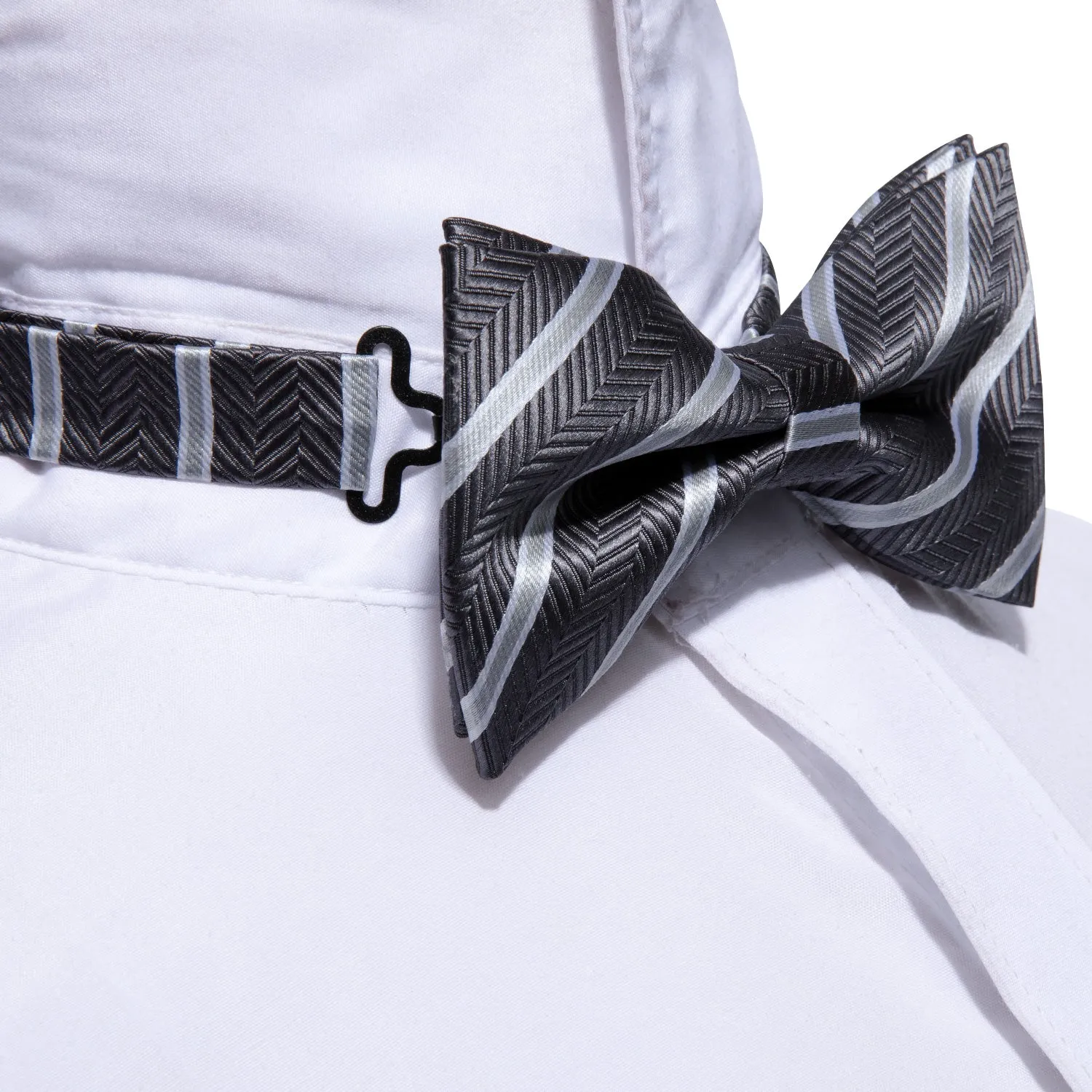 Ties2you Striped Silver Bowtie Pre-tied Grey Bow Tie Pocket Square Cufflinks Set sold by Ties2You product image thumbnail 4