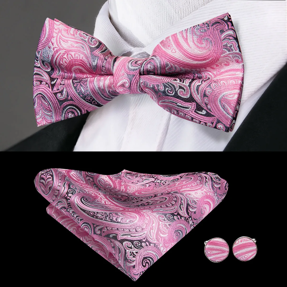 Ties2you Floral Pink Bowtie Pre-tied Party Tuxedo Bow Tie Pocket Square Cufflinks Set sold by Ties2You