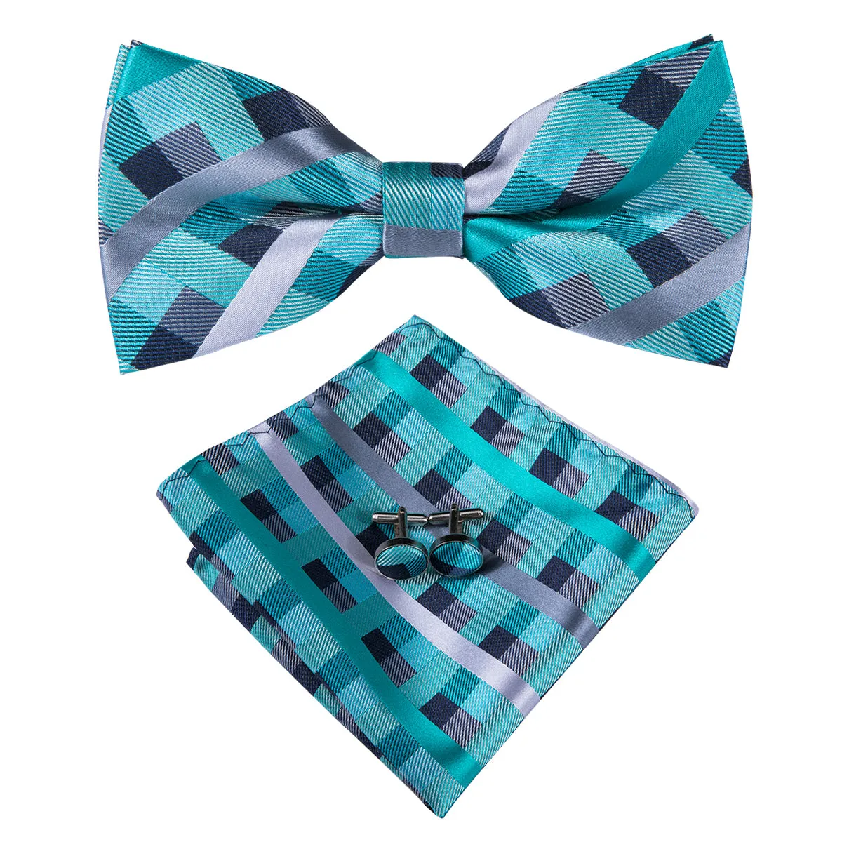 Ties2you Plaid Turquoise Tuxedo Bowtie Pre-tied Bow Tie Handkerchief Cufflinks Set sold by Ties2You product image thumbnail 2
