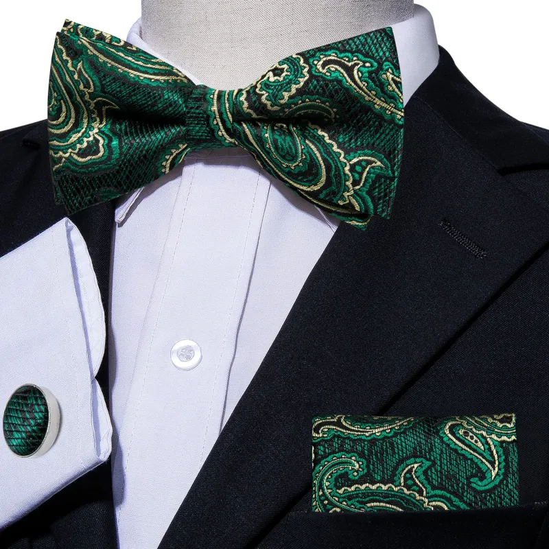 Ties2you Green Pre-tied Bowtie Paisley Wedding Bow Tie Handkerchief Cufflinks Set sold by Ties2You