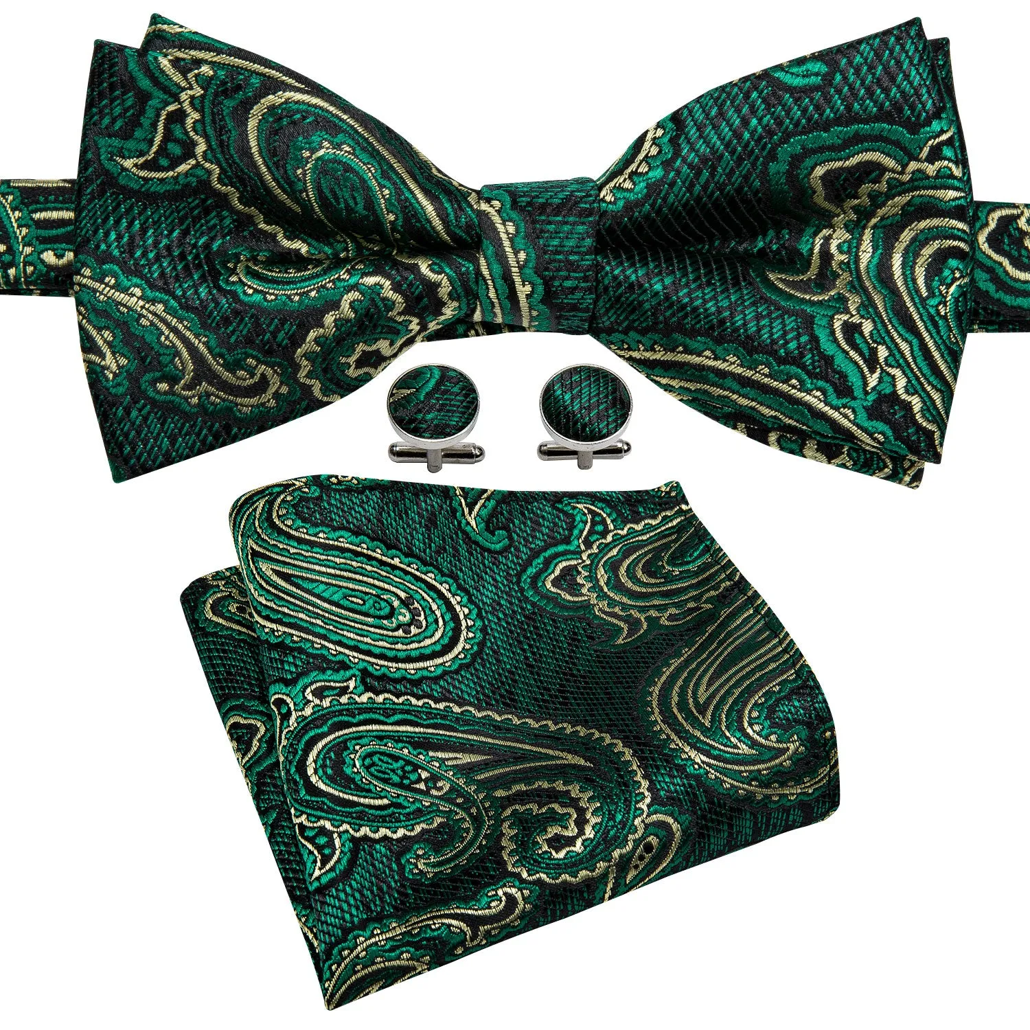 Ties2you Green Pre-tied Bowtie Paisley Wedding Bow Tie Handkerchief Cufflinks Set sold by Ties2You product image thumbnail 2