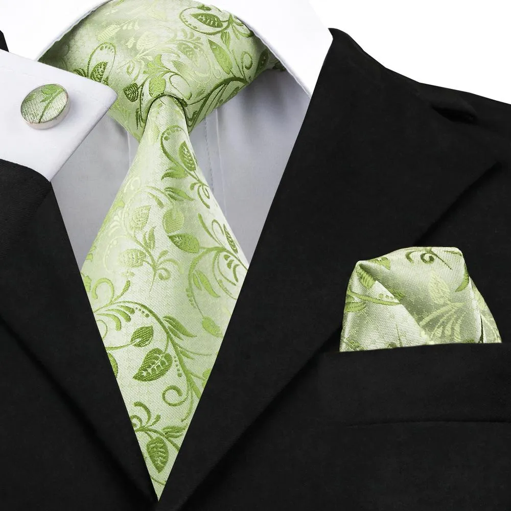 Fluorescent Green Floral Tie Pocket Square Cufflinks Set sold by Ties2You