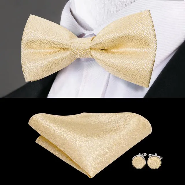 Ties2you Champagne Pre-tied Bowtie Solid Wedding Tuxedo Bow Tie Hanky Cufflinks Set sold by Ties2You