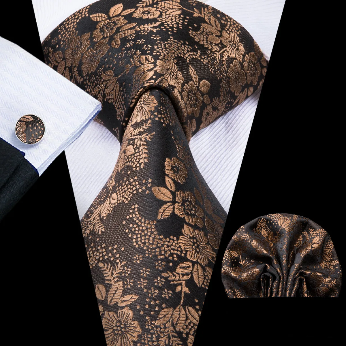 Brown Floral Silk Tie Pocket Square Cufflinks Set sold by Ties2You