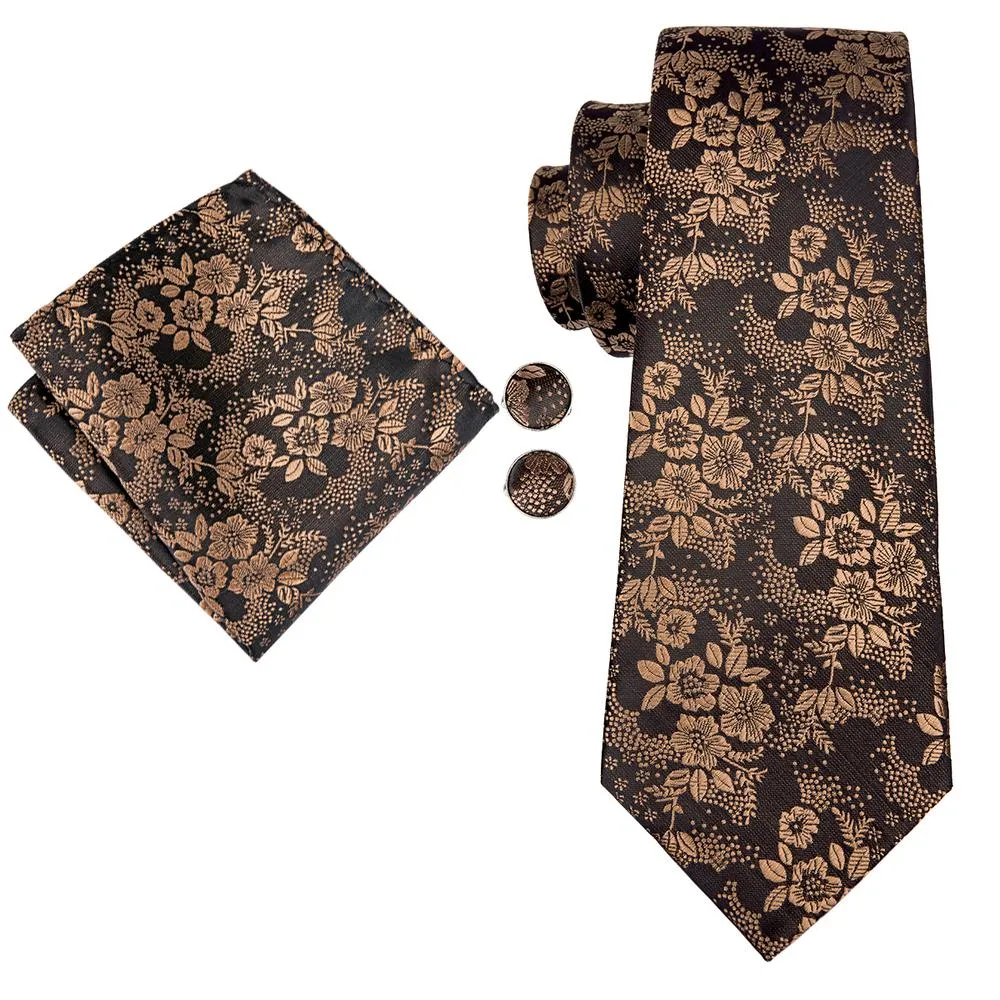 Brown Floral Silk Tie Pocket Square Cufflinks Set sold by Ties2You product image thumbnail 3