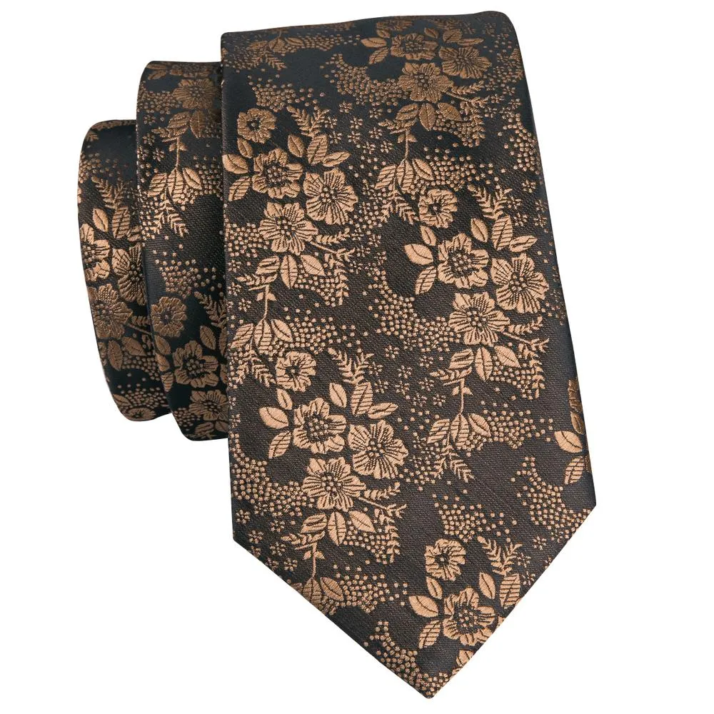Brown Floral Silk Tie Pocket Square Cufflinks Set sold by Ties2You product image thumbnail 4