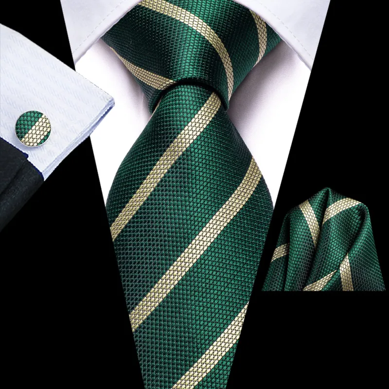 Ties2you Hunter Green Tie Dress Striped Silk Necktie Handkercheif Cufflinks Set sold by Ties2You