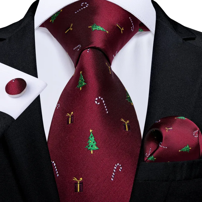 Christmas Burgundy Xmas Tree & Gift Novelty Men's Necktie Pocket Square Cufflinks Set sold by Ties2You