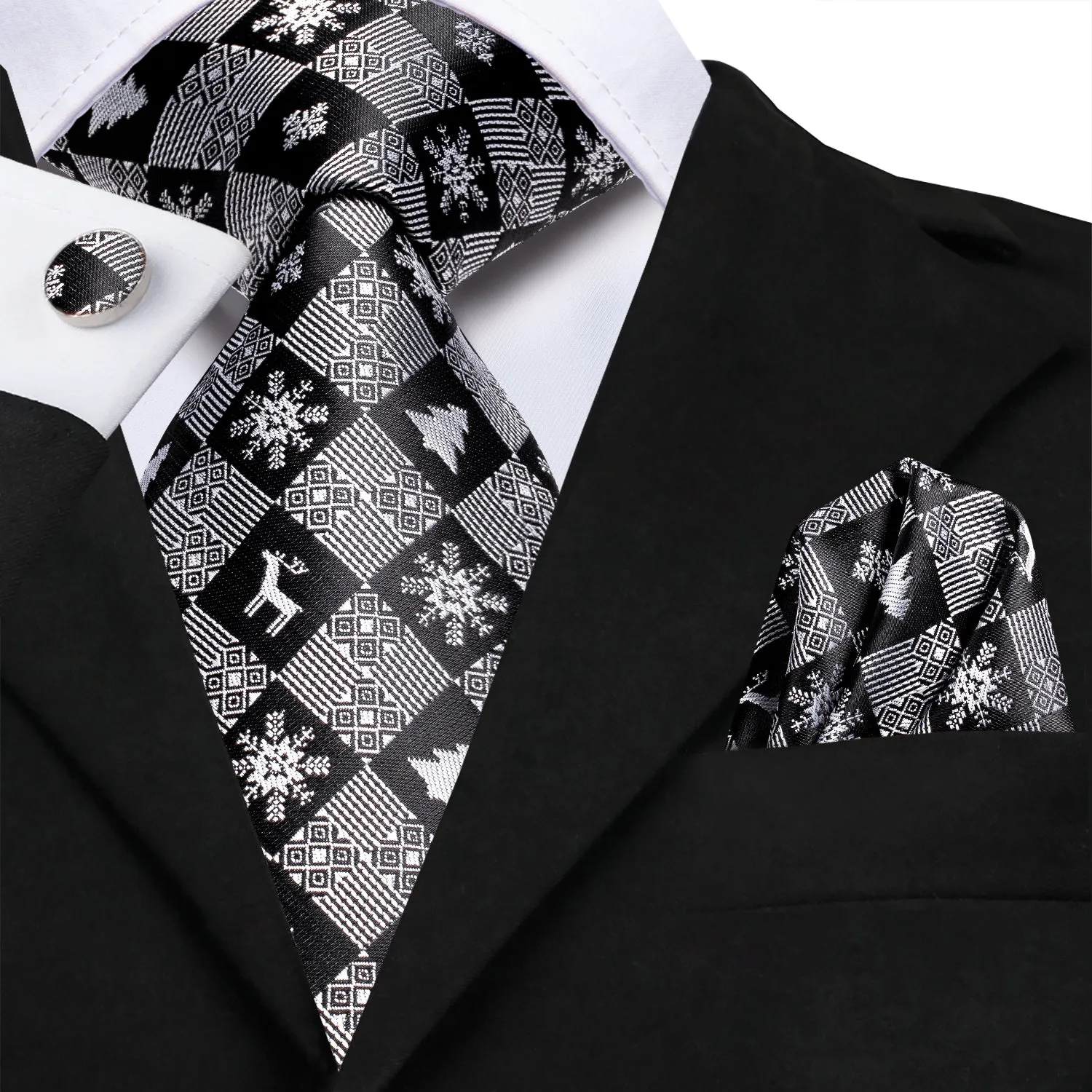 Christmas Black Grey Novelty Men's Necktie Hanky Cufflinks Set sold by Ties2You product image thumbnail 2