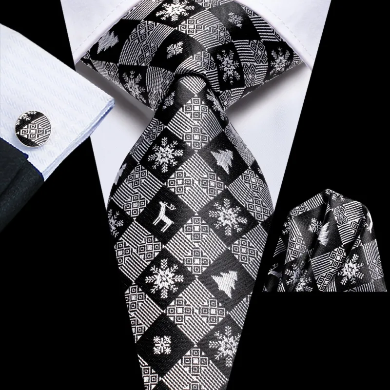 Christmas Black Grey Novelty Men's Necktie Hanky Cufflinks Set made by Ties2You