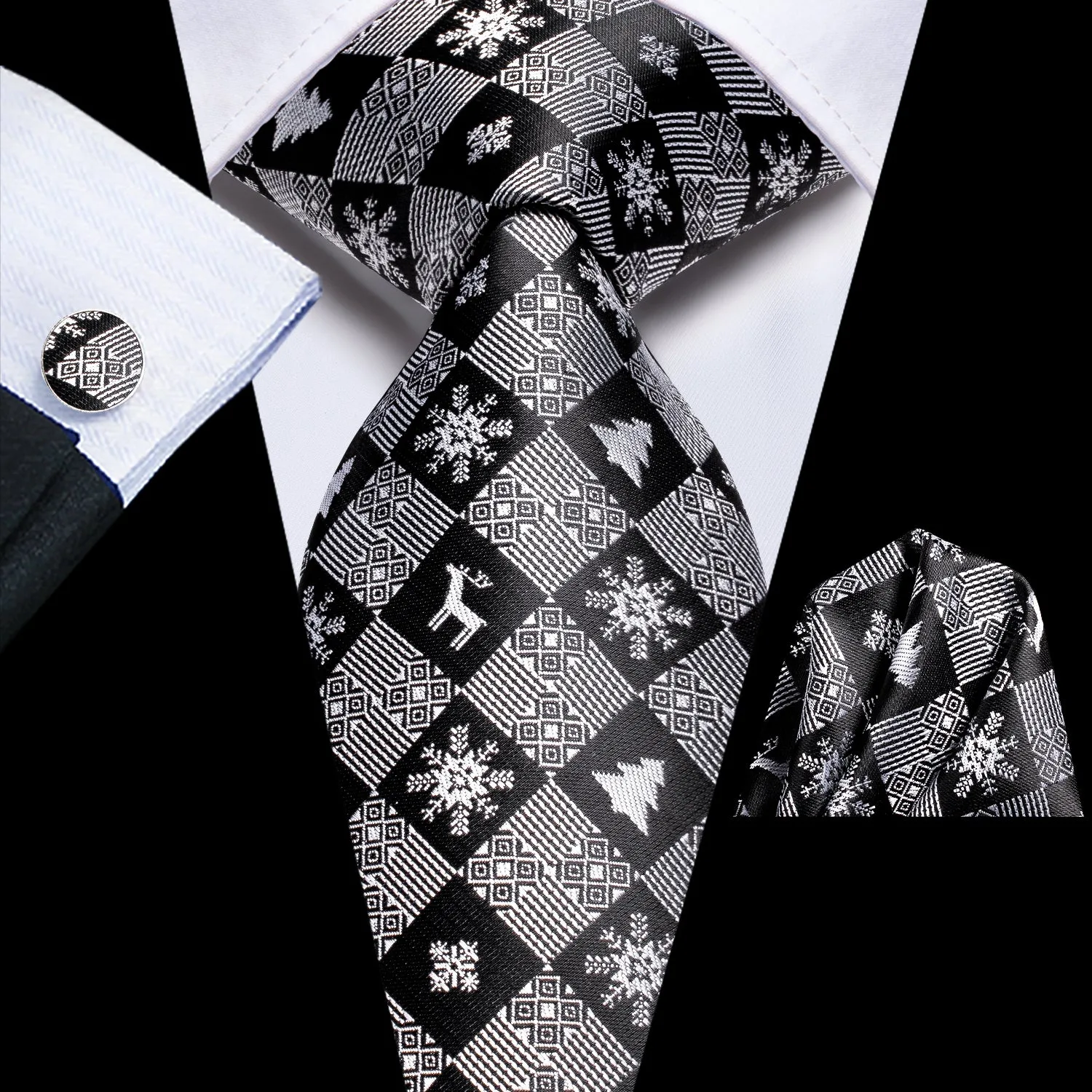 Christmas Black Grey Novelty Men's Necktie Hanky Cufflinks Set sold by Ties2You