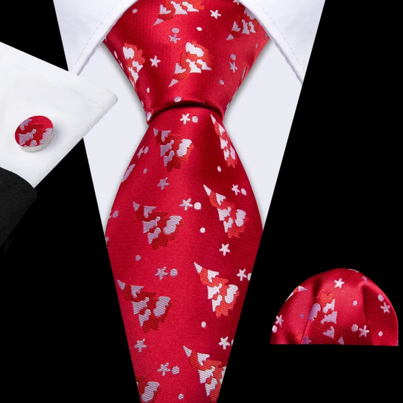 Red White Christmas Tree Silk Men's Necktie Pocket Square Cufflinks Set made by Ties2You