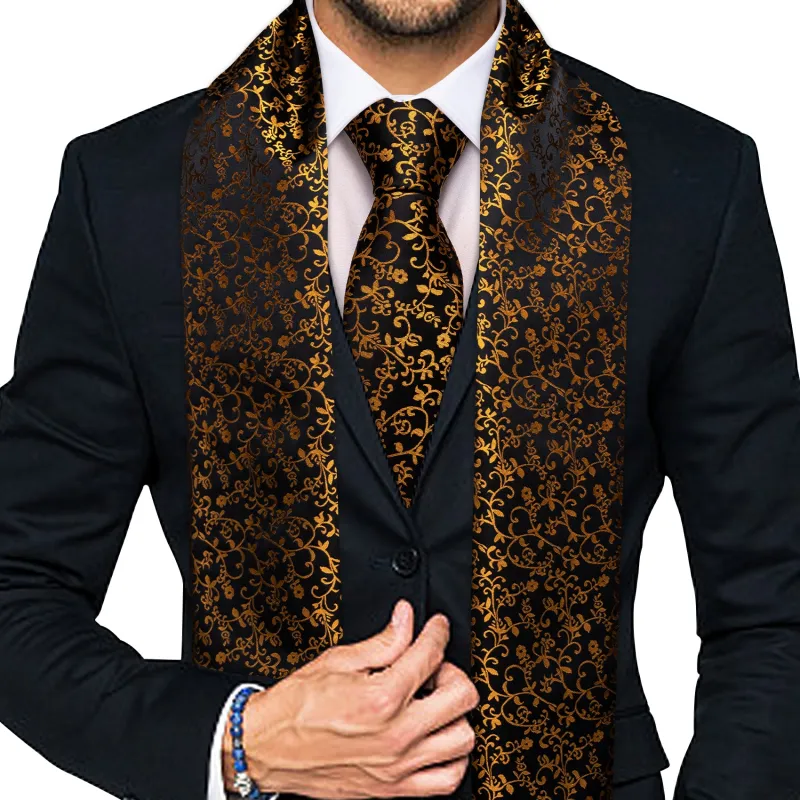 Ties2you Men's Silk Scarf Tie Black Gold Floral Tie Scarf Set sold by Ties2You