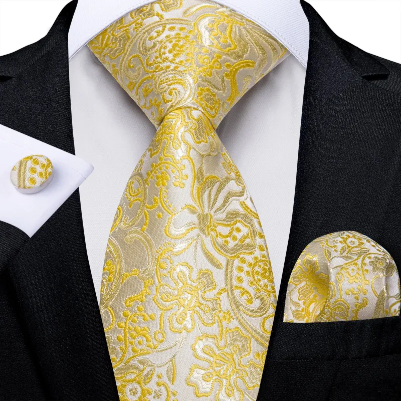Ties2you Yellow Floral Necktie Mens Slik Wedding Tie Handkerchief Cufflinks Set sold by Ties2You