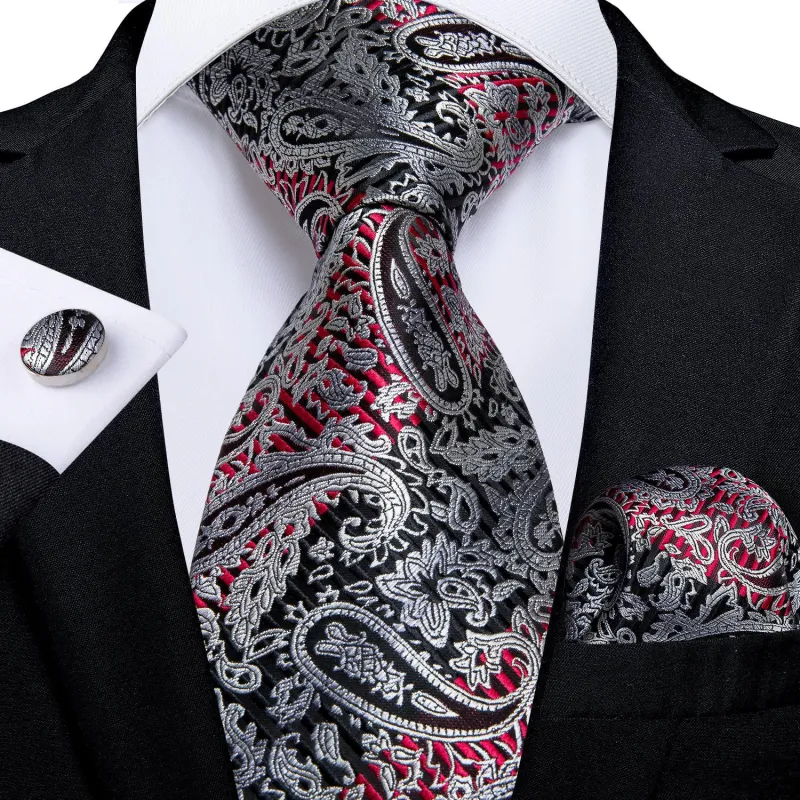 Ties2you Silver Paisley Necktie for Men Silk Tie Handkerchief Cufflinks Set for Party sold by Ties2You