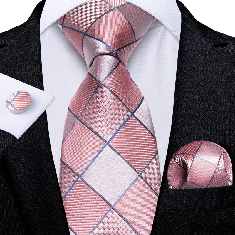 Ties2you Blush Pink Necktie Mens Plaid Silk Tie Handkerchief Cufflinks Set made by Ties2You