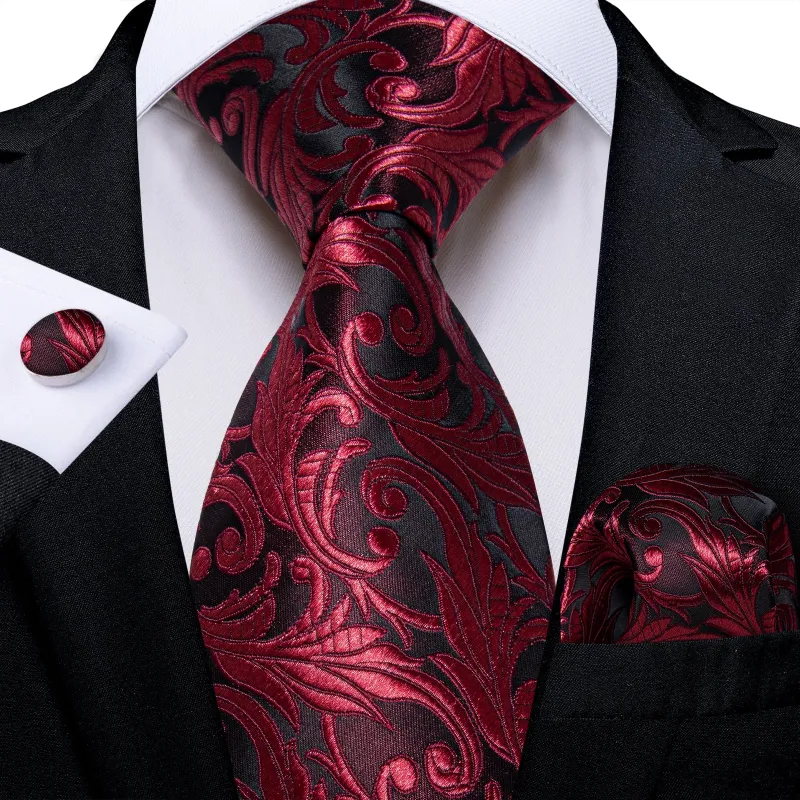 Black Red Floral Men's Necktie Pocket Square Cufflinks Set sold by Ties2You