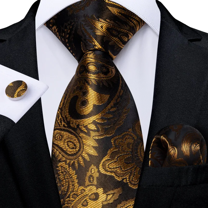 Golden Black Paisley Silk Tie Pocket Square Cufflinks Set sold by Ties2You