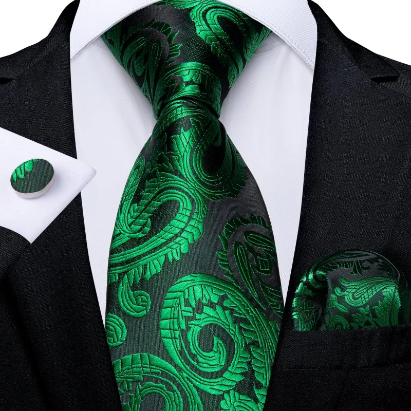 Green Paisley Silk Fabric Tie Hanky Cufflinks Set sold by Ties2You