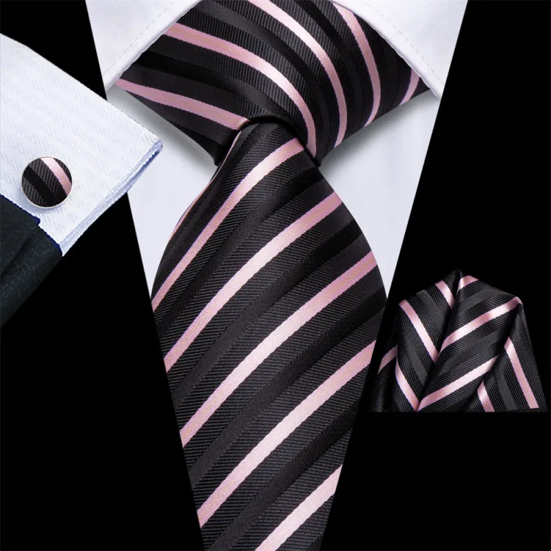 Ties2you Black Pink Striped Men's Necktie Hanky Cufflinks Set sold by Ties2You