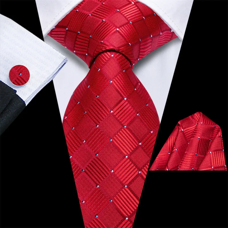 Ties2you Blood Red Plaid Silk Men's Necktie Hanky Cufflinks Set sold by Ties2You