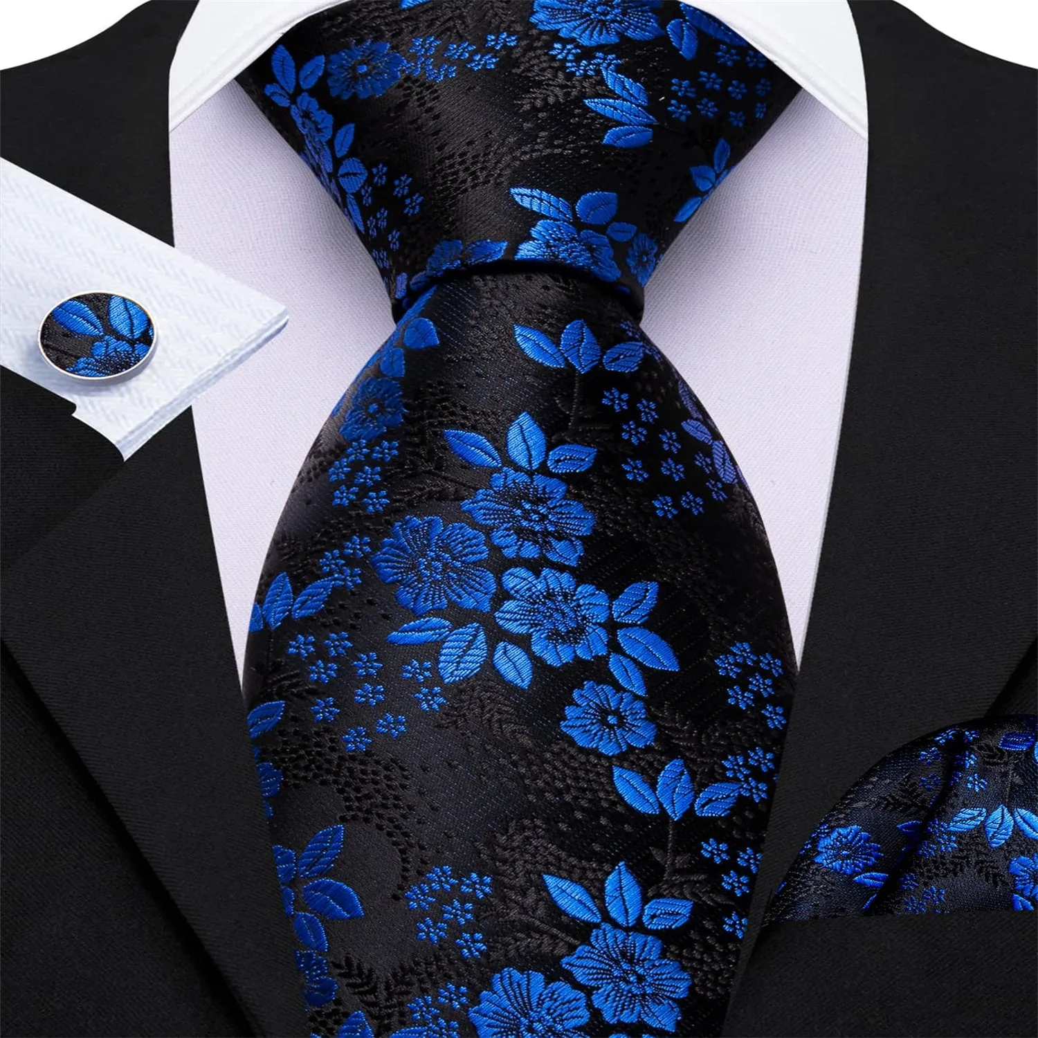 Ties2you Wedding Ties Black Navy Blue Floral Silk Men's Work Dress Tie Hanky Cufflinks Set sold by Ties2You product image thumbnail 2