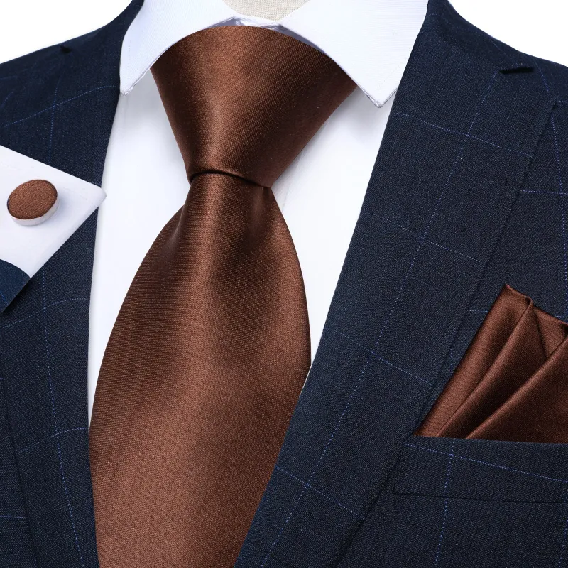 Ties2you Mens Tie Pure Brown Solid Silk Necktie Pocket Square Cufflinks Set sold by Ties2You