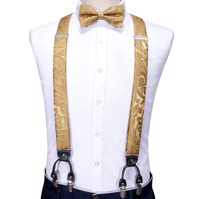 Ties2you Gold Paisley Suspender Adjustable Elastic 6 Clips Y Braces Tie Hanky Cufflinks Set made by Ties2You