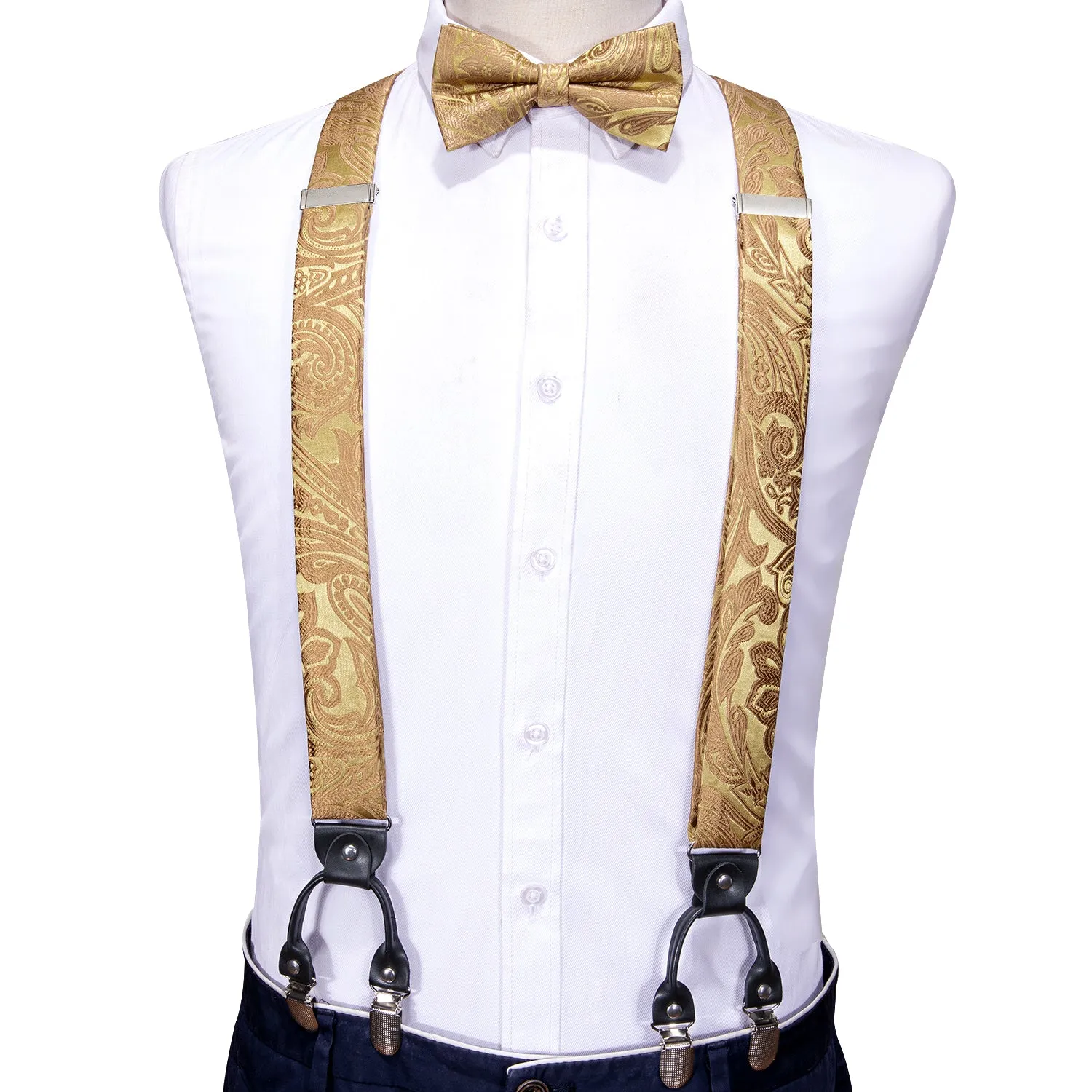 Ties2you Gold Paisley Suspender Adjustable Elastic 6 Clips Y Braces Tie Hanky Cufflinks Set sold by Ties2You