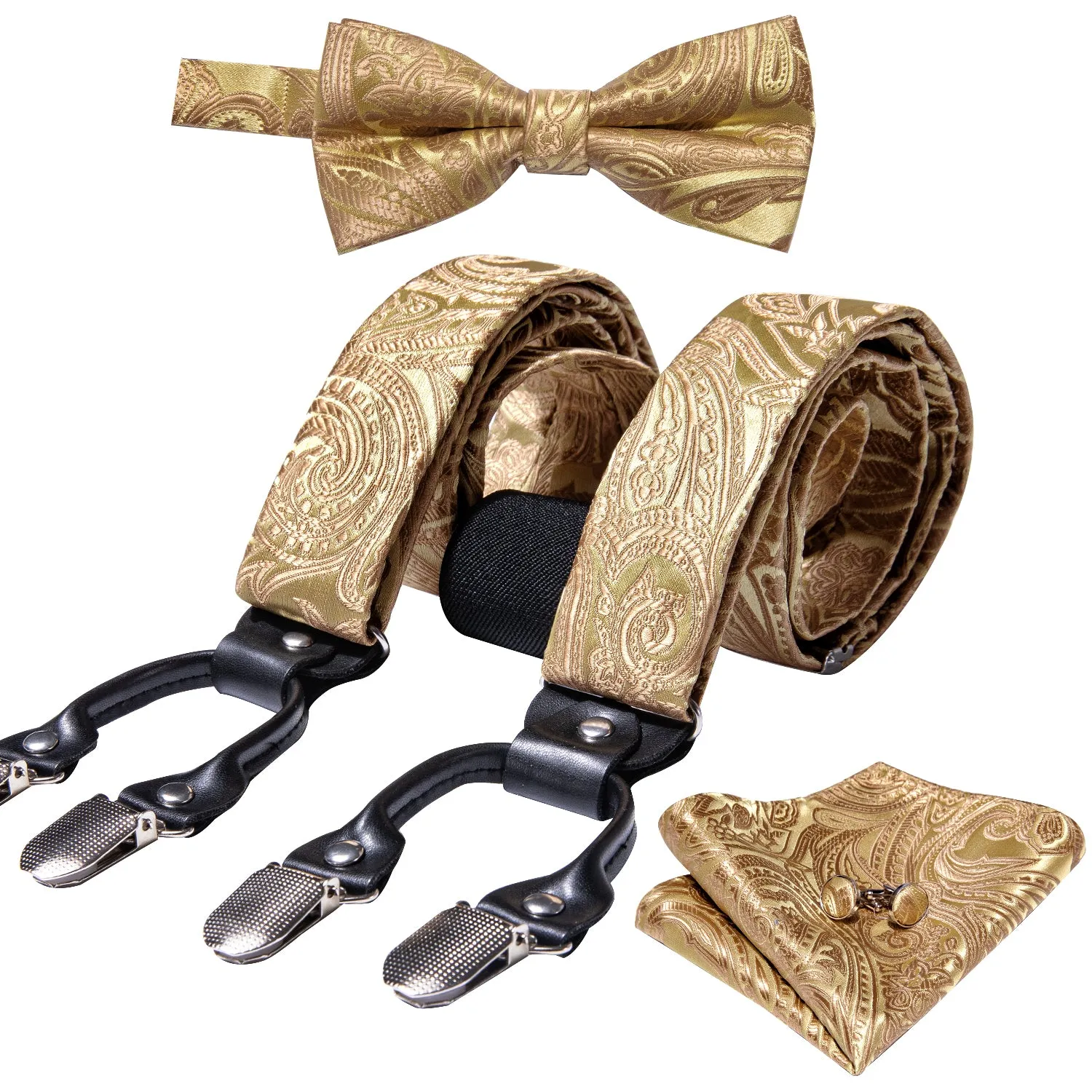Ties2you Gold Paisley Suspender Adjustable Elastic 6 Clips Y Braces Tie Hanky Cufflinks Set sold by Ties2You product image thumbnail 3