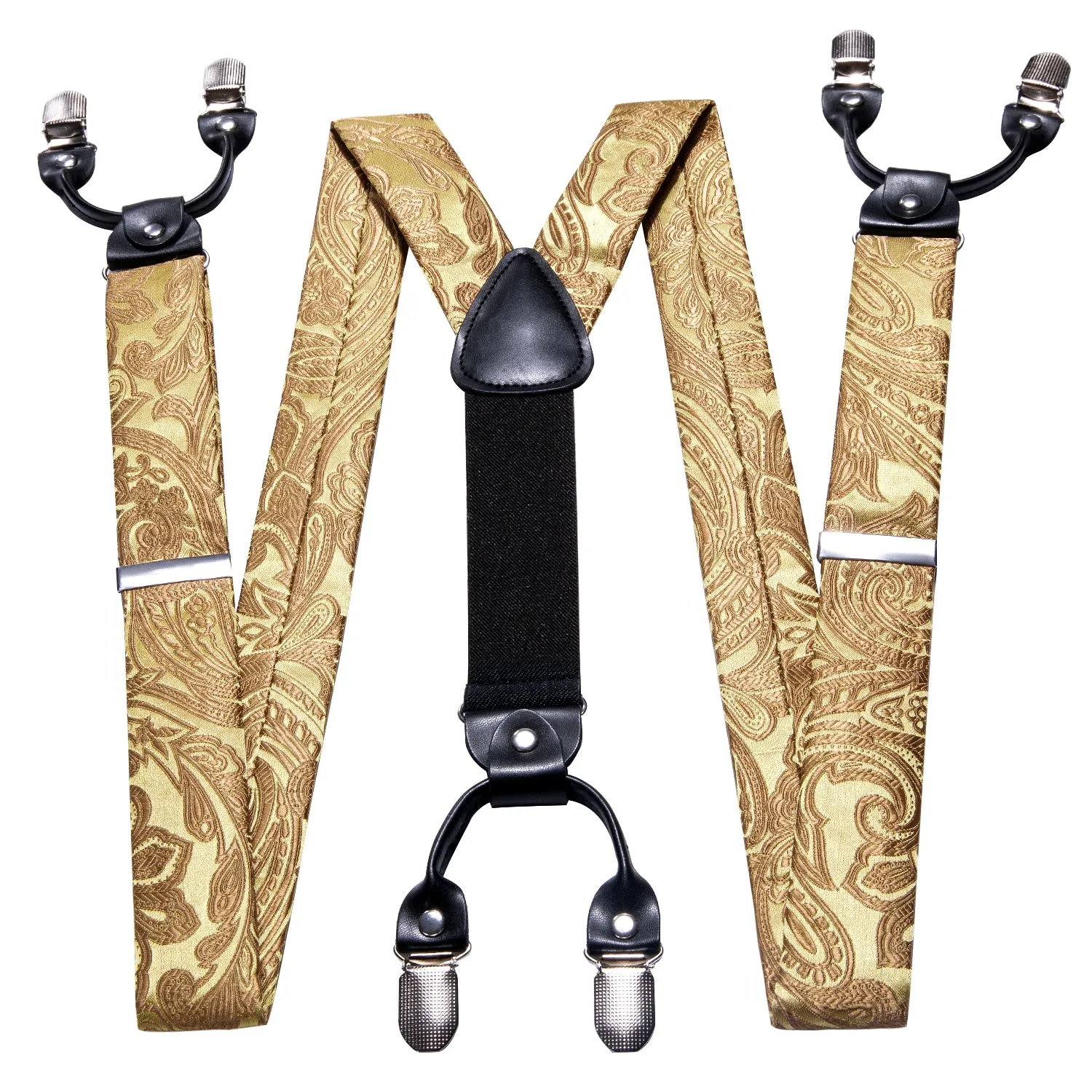 Ties2you Gold Paisley Suspender Adjustable Elastic 6 Clips Y Braces Tie Hanky Cufflinks Set sold by Ties2You product image thumbnail 4