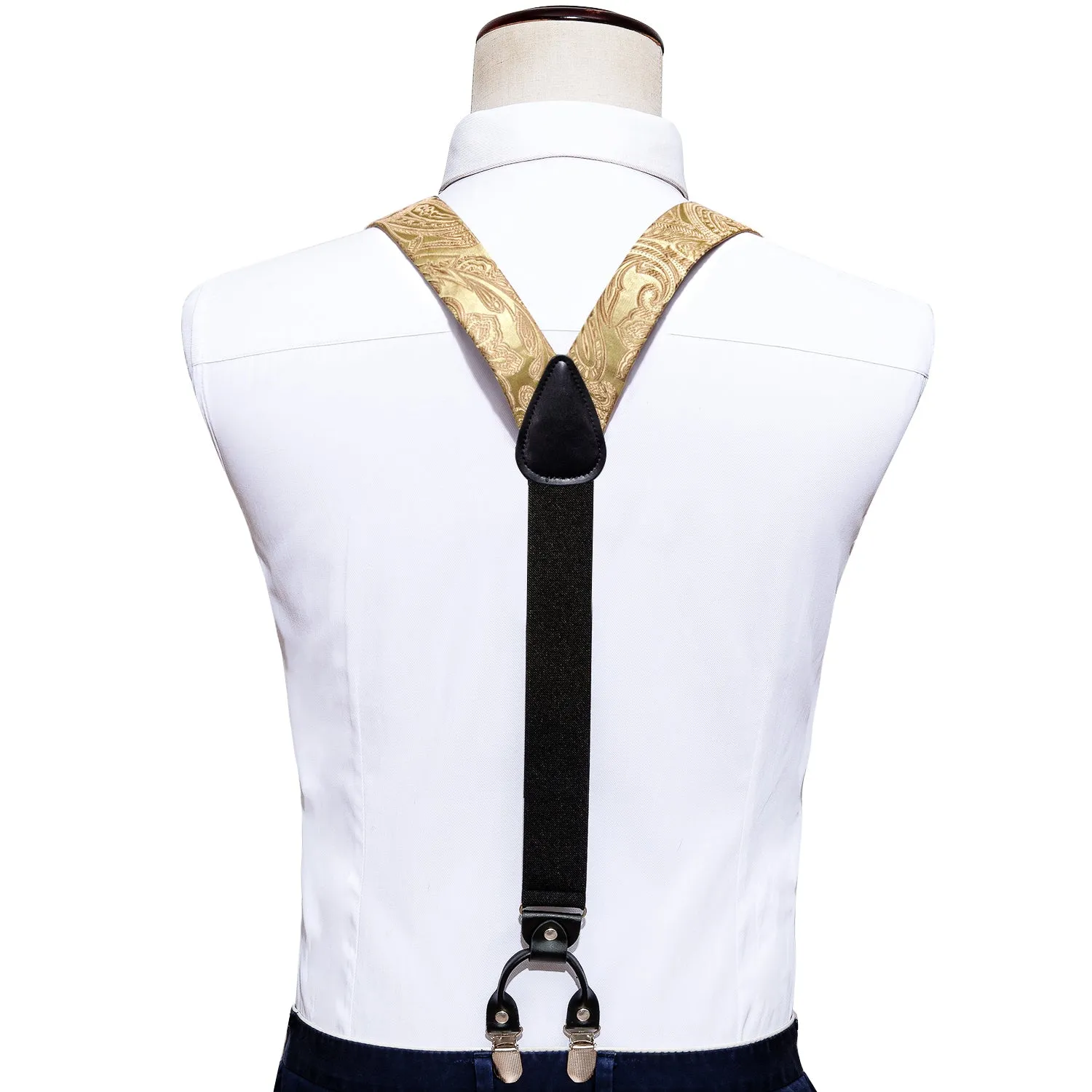 Ties2you Gold Paisley Suspender Adjustable Elastic 6 Clips Y Braces Tie Hanky Cufflinks Set sold by Ties2You product image thumbnail 5