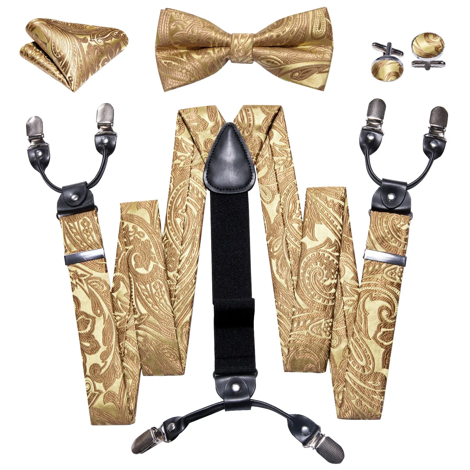 Ties2you Gold Paisley Suspender Adjustable Elastic 6 Clips Y Braces Tie Hanky Cufflinks Set sold by Ties2You product image thumbnail 2