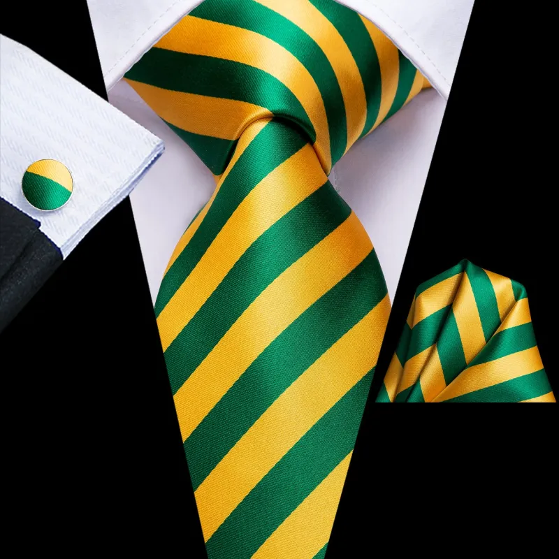 Ties2you Formal Striped Necktie Green Yellow Dress Tie Handkercheif Cufflinks Set sold by Ties2You