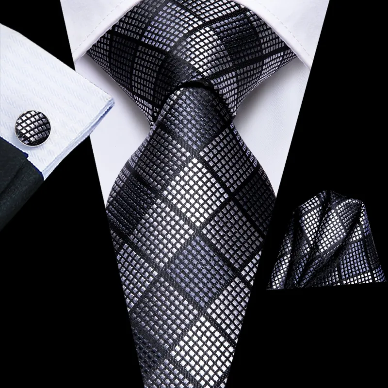 Black White Plaid Tie Pocket Square Cufflinks Set sold by Ties2You