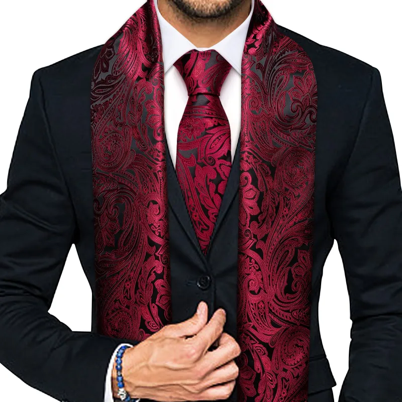 Burgundy Black Paisley Flower Men's Silk Scarf Necktie Set sold by Ties2You