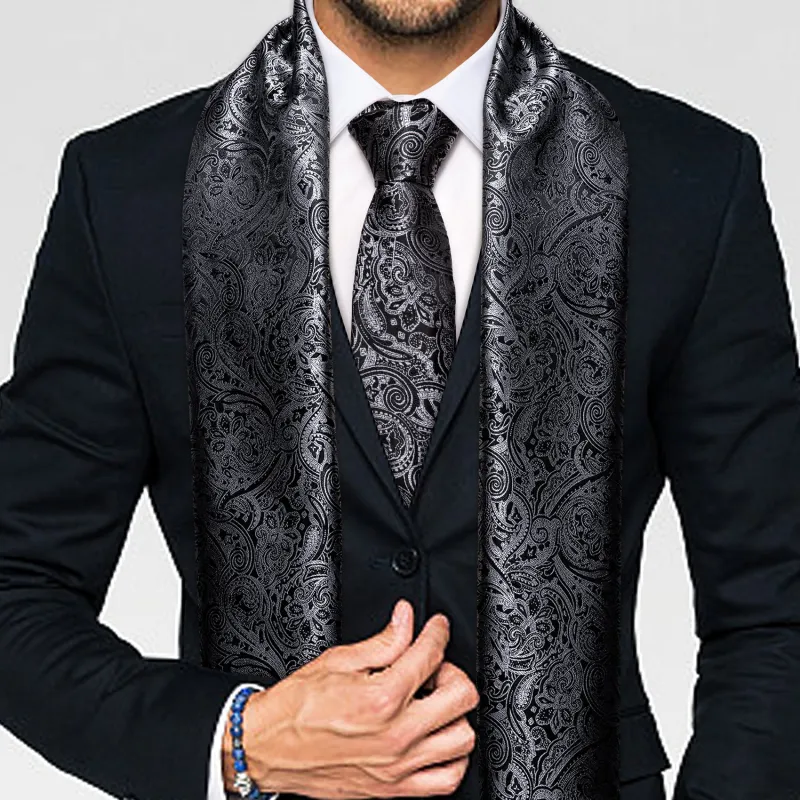 Black Grey Paisley Men's Silk Scarf Necktie Set sold by Ties2You