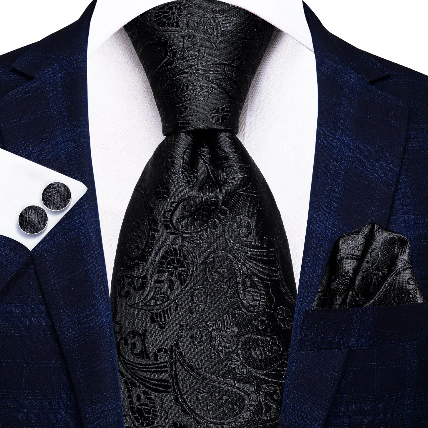 Black Paisley Men's 70 Inches Extra Length Tie Handkerchief Cufflinks Set sold by Ties2You