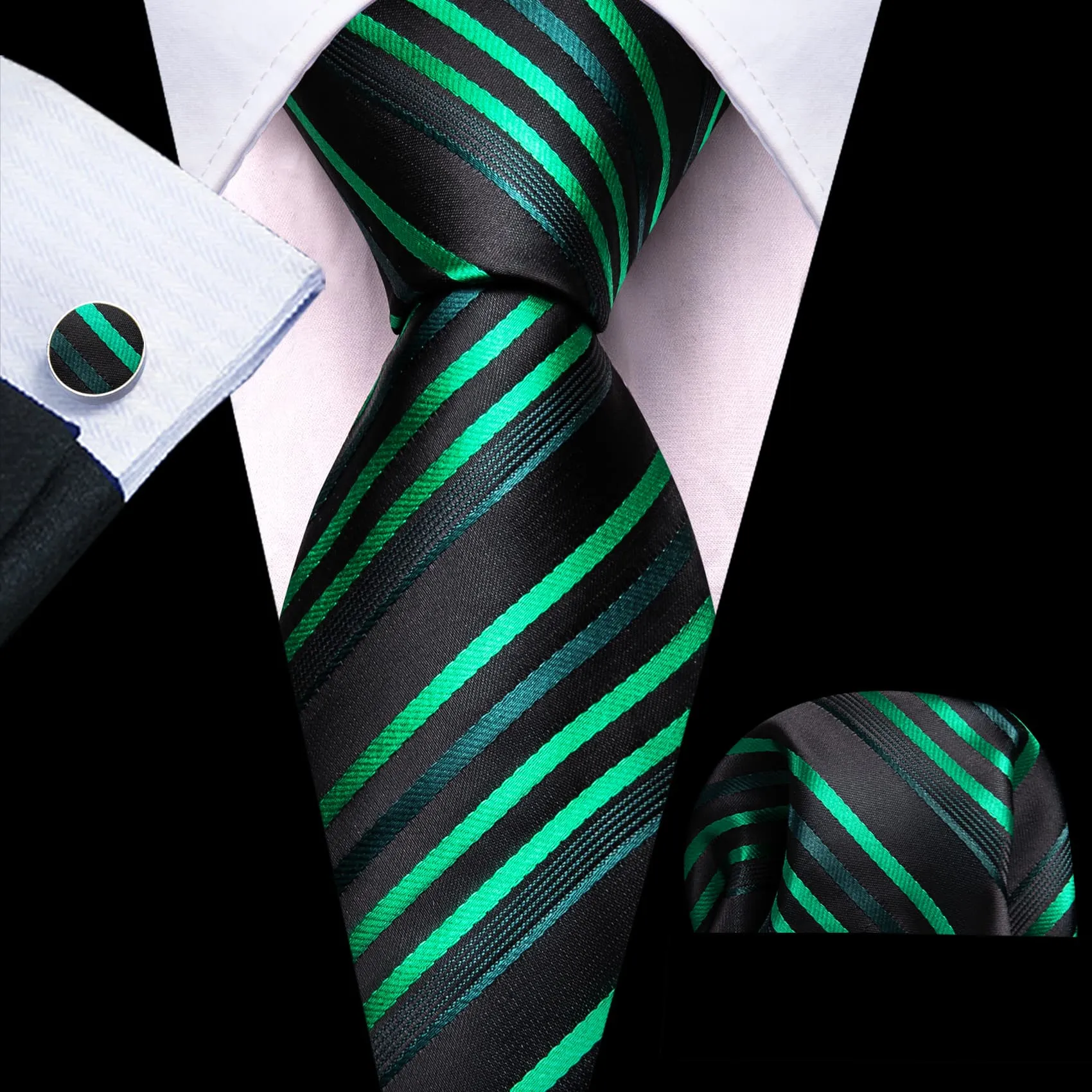Ties2you Office Tie Black Green Striped Men's Silk Tie Pocket Square Cufflinks Set for Dress sold by Ties2You