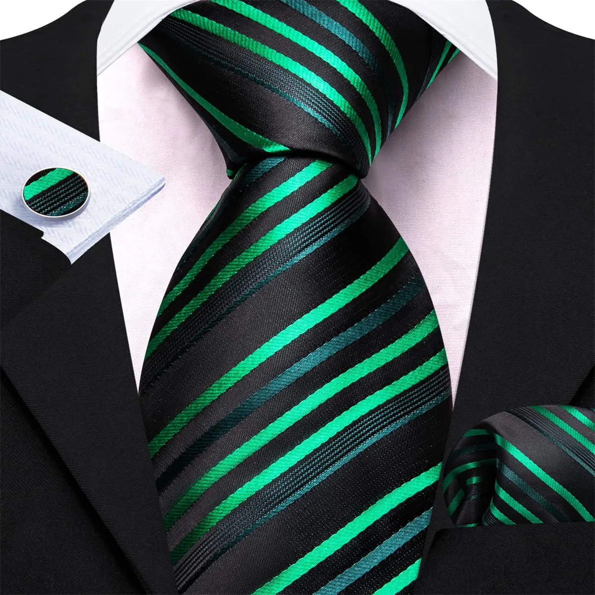 Ties2you Office Tie Black Green Striped Men's Silk Tie Pocket Square Cufflinks Set for Dress sold by Ties2You product image thumbnail 3